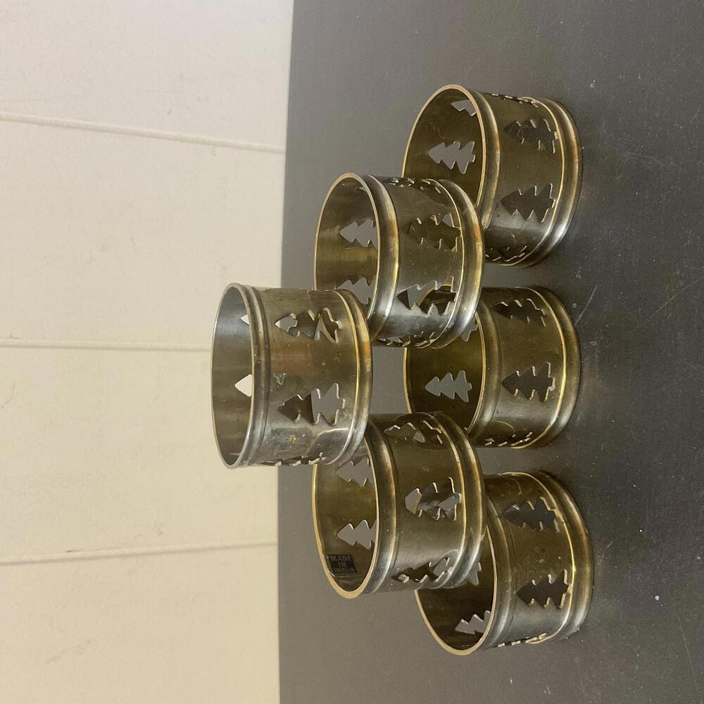 Six Vintage Brass Napkin Rings with a Christmas Tree Cutout Design Made in India